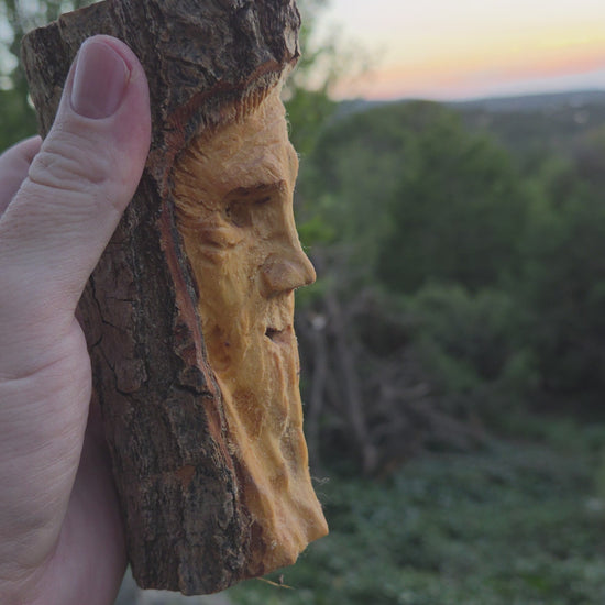 Turning video of a hand-carved cottonwood wood spirit face carving held in hand outdoors in High Rolls, New Mexico