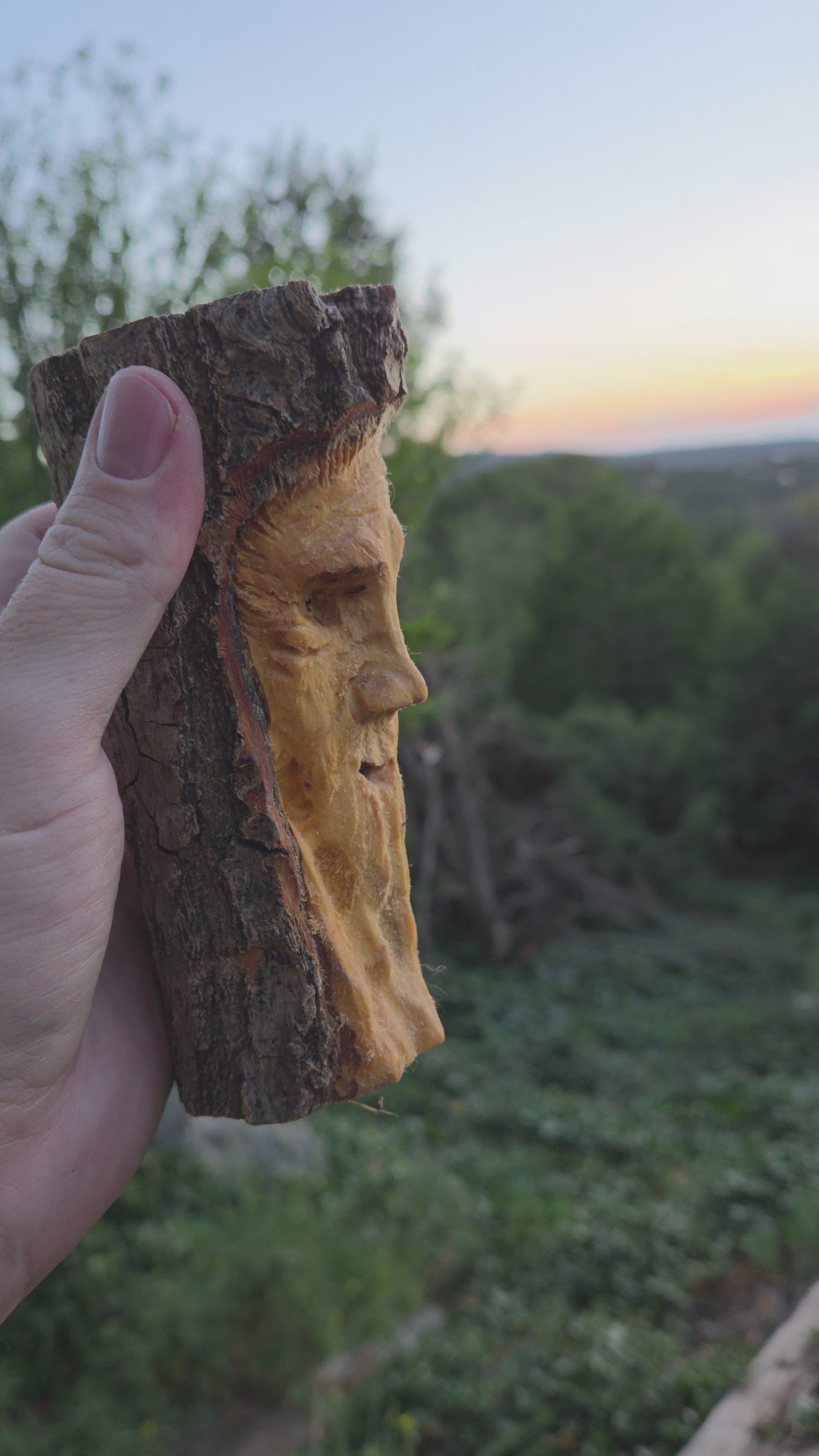 Turning video of a hand-carved cottonwood wood spirit face carving held in hand outdoors in High Rolls, New Mexico