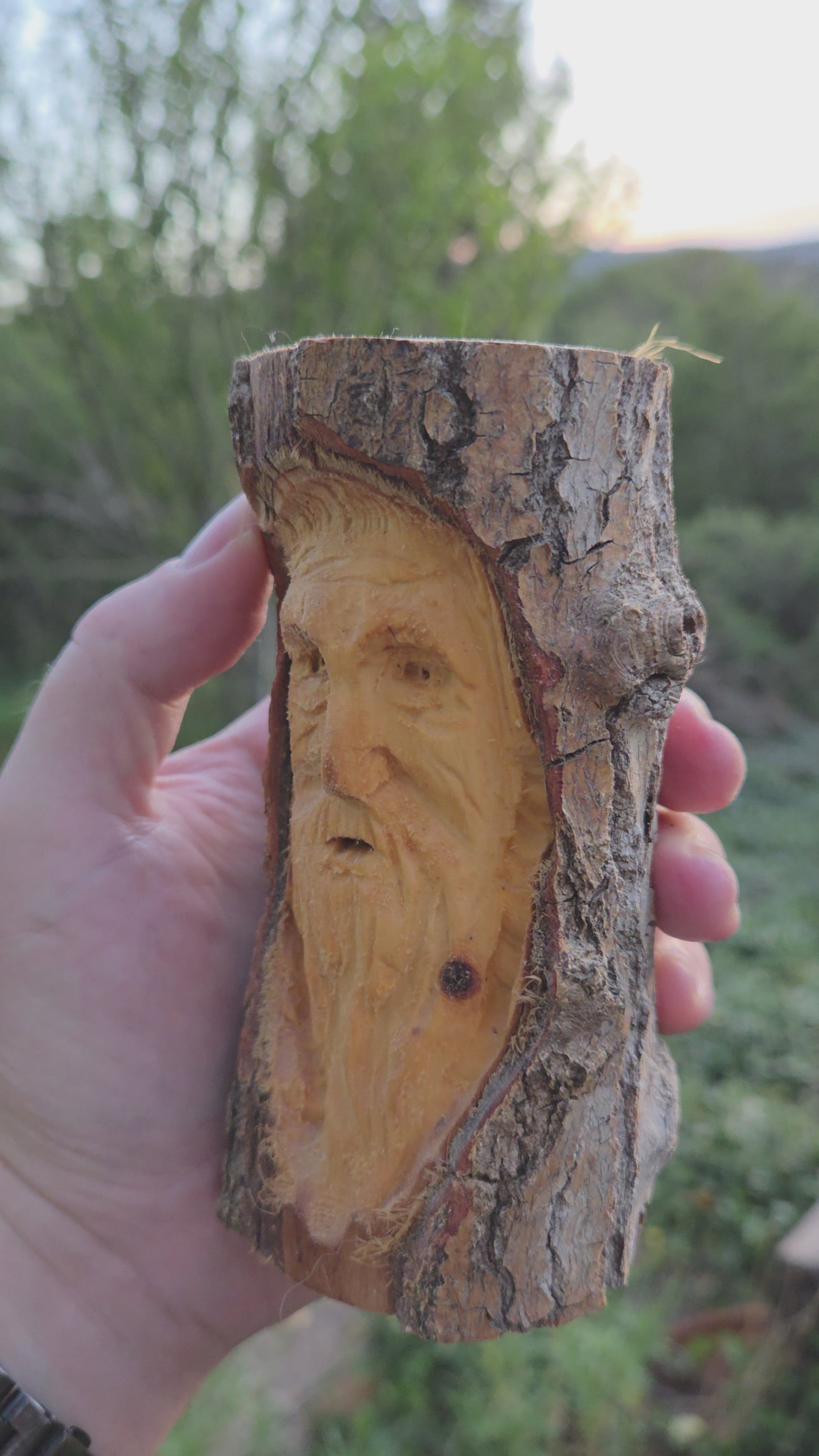 Turning video of a hand-carved cottonwood wood spirit face carving held in hand outdoors in High Rolls, New Mexico