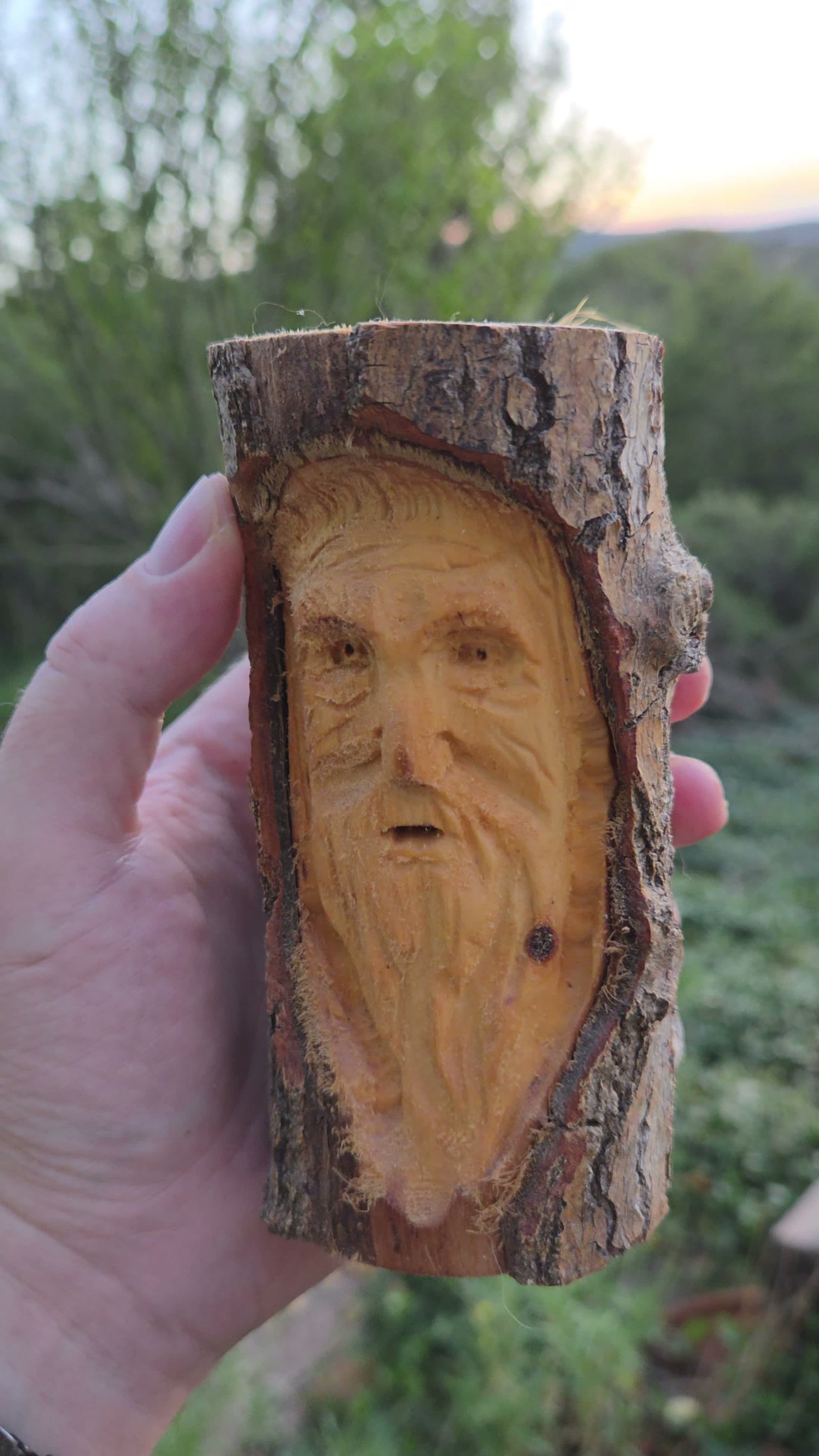 Hand-carved cottonwood wood spirit face with bearded elder features and natural bark rim, held in hand outdoors in New Mexico