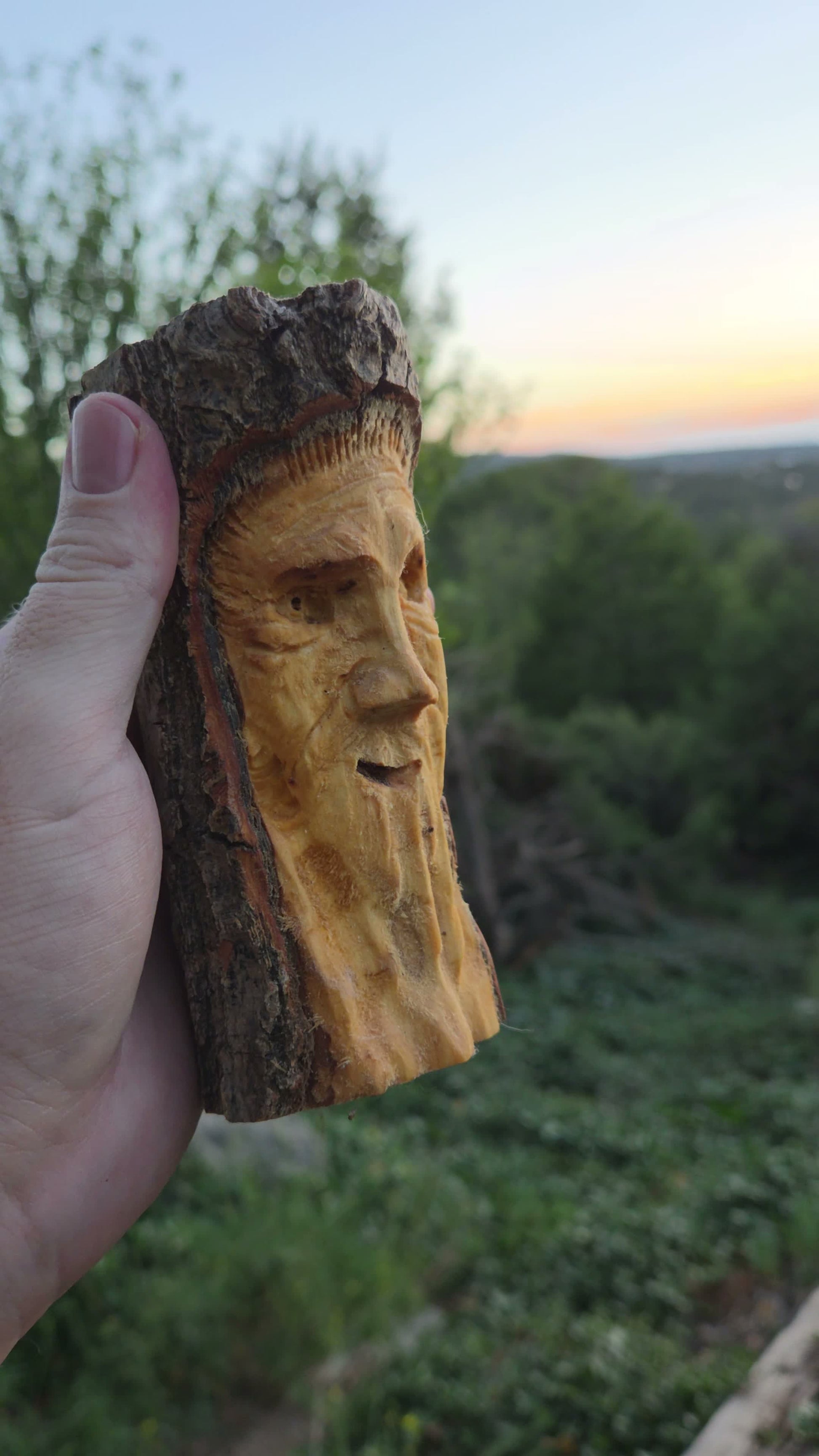 Hand-carved cottonwood wood spirit in three-quarter profile with shaggy bark edge and long beard, held in hand at sunset in New Mexico